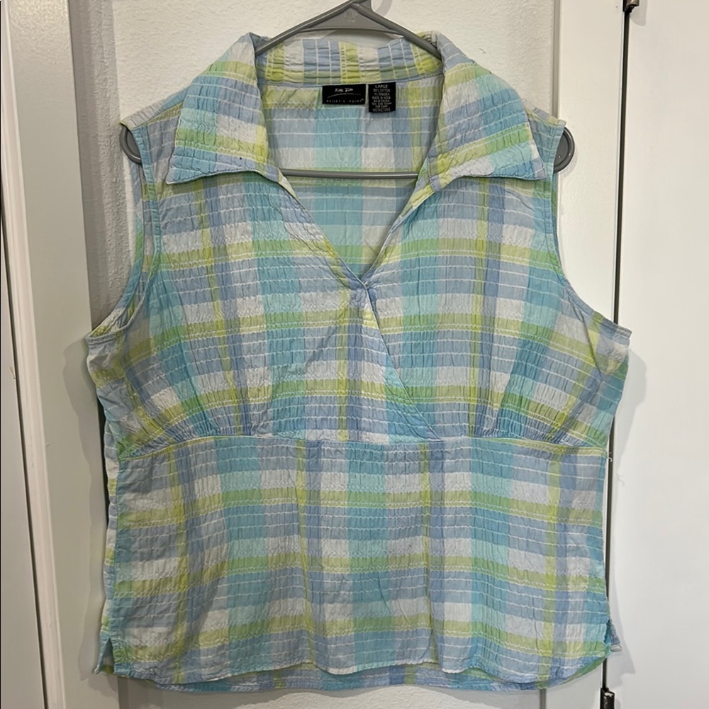 Bailey’s Point Woman’s Blue and Green Plaid Sleeveless Blouse summer vacation